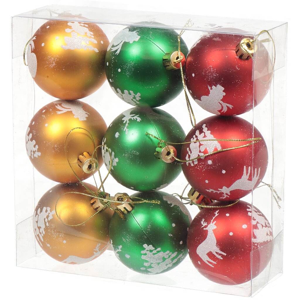 Елочный шар 9 шт, зеленый, золотой, красный, 6 см, пластик, SY18CBB-34