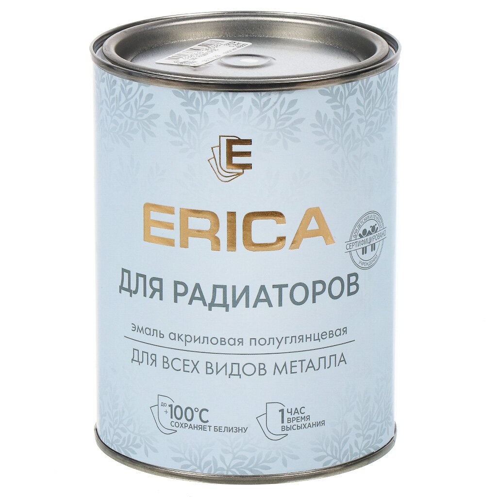 Эмаль Erica, для радиаторов, термостойкая, акриловая, полуглянцевая, белая, 0.8 кг эмаль erica для радиаторов термостойкая акриловая полуглянцевая белая 1 8 кг
