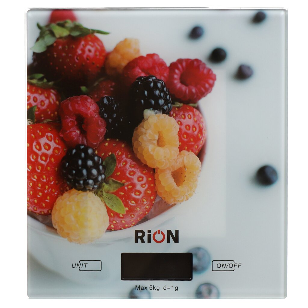 Весы кухонные электронные, стекло, Rion, Ягоды, точность 1 г, до 5 кг, LCD-дисплей, PT-893 весы кухонные beurer ks 34 xl