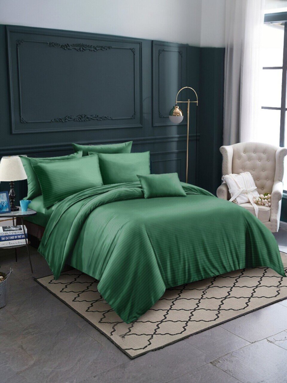 Постельное белье евро, простыня 220х240 см, 2 наволочки 70х70 см, пододеяльник 200х220 см, Майская ночь, страйп-полисатин, зеленое, 30/008-PSS/MAY