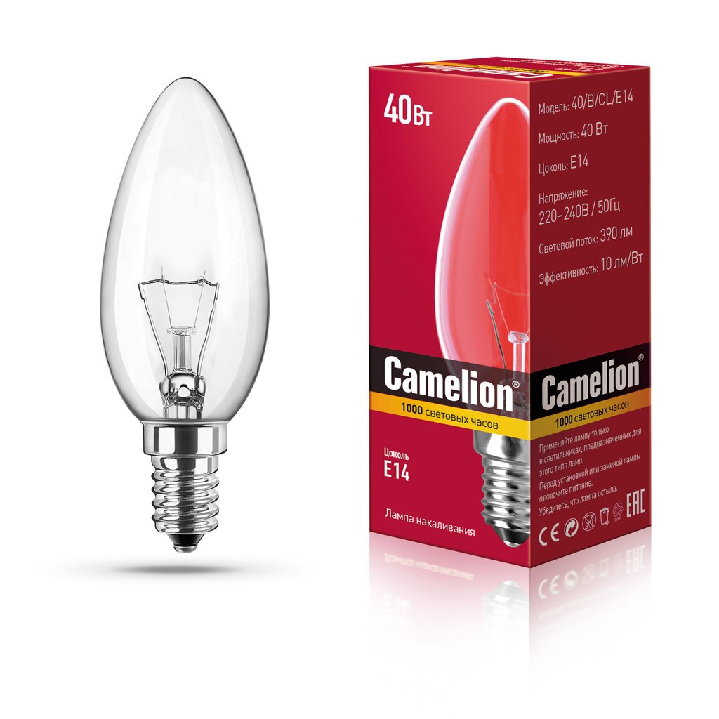 Лампа накаливания с прозрачной колбой, свеча MIC Camelion 40/B/CL/E14