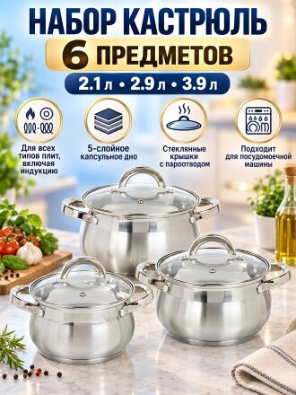 Набор посуды нержавеющая сталь, 6 предметов, 2.1, 2.9, 3.9 л, индукция, Webber, BE-616/6
