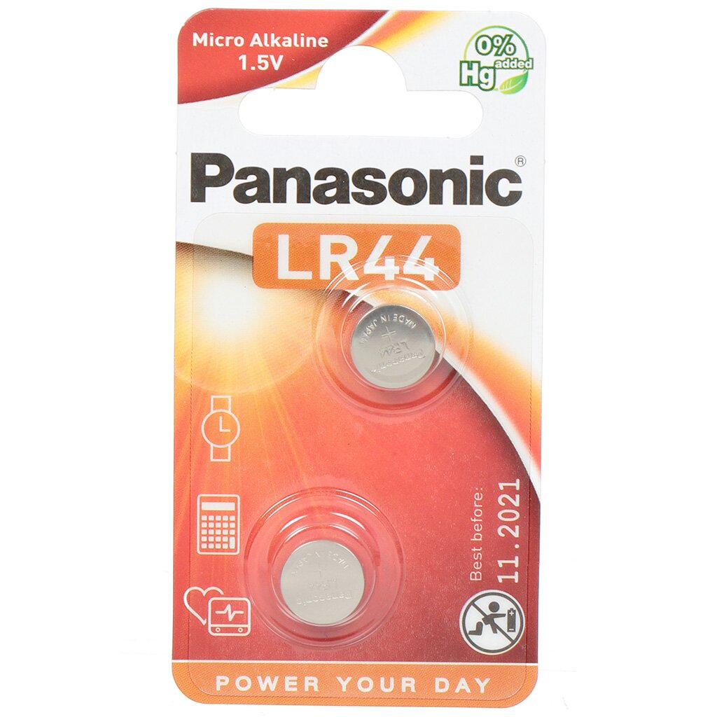 Батарейка Panasonic, LR44 (357A, G13), алкалиновая, 1.5 В, блистер, 2 шт, 7478 батарейка panasonic cr2025 power cells литиевая 3 в блистер 2 шт ут 00000237