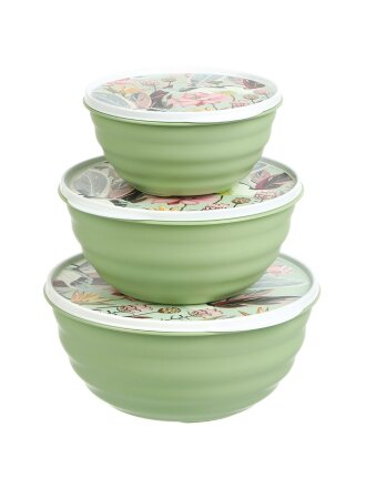 Набор мисок пластик, круглый, 3 шт, 23.7х10.9 см, 3.2 л, 1.1, 2.1, 3.2 л, с крышкой, Latina, Homver, 222133818/08, зеленый