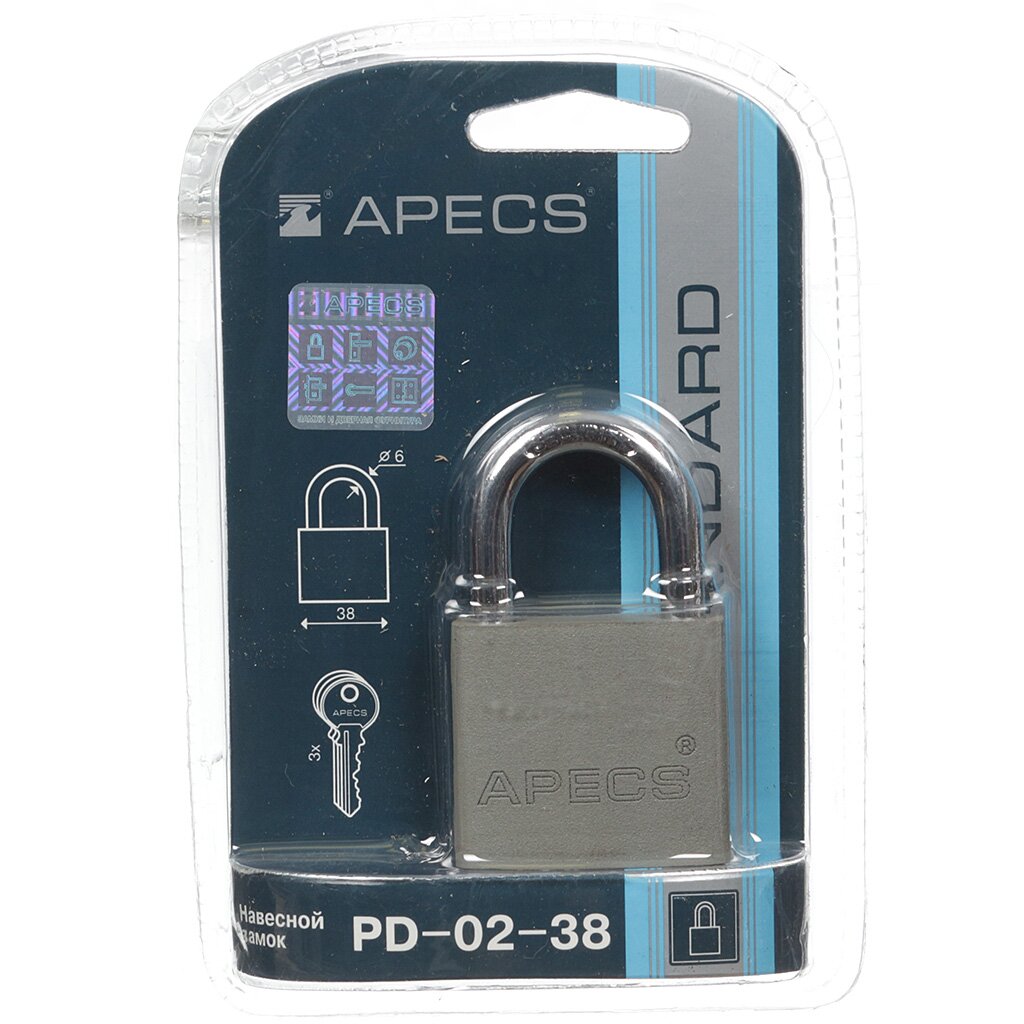 Замок навесной Apecs, PD-02-38, 17560, цилиндровый, 3 ключа замок навесной apecs pd 03 50 цилиндровый 3 ключа