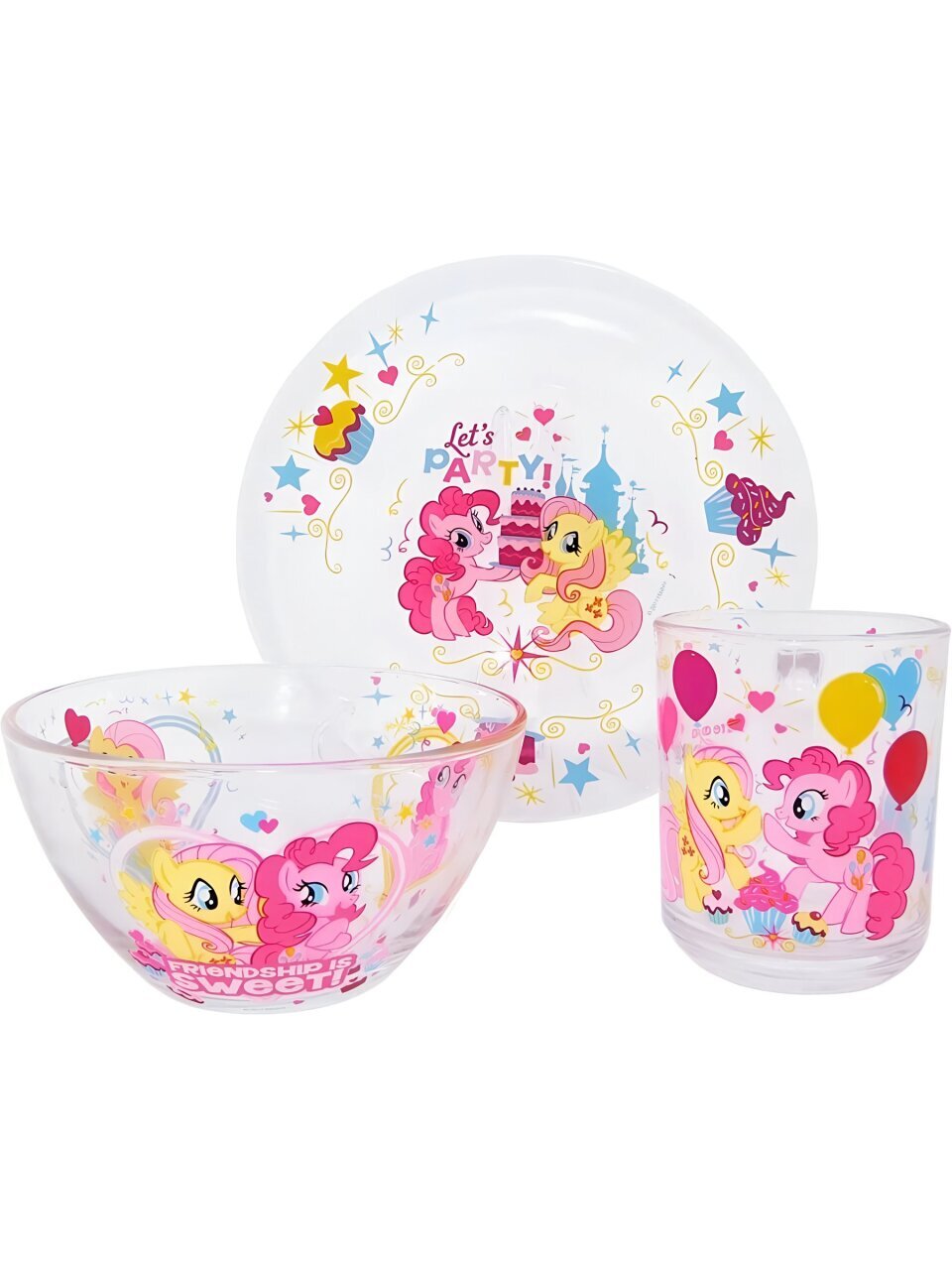 Набор детской посуды стекло, 3 шт, My Little Pony, кружка 250 мл, салатник 13 см, тарелка 19,5 см, MLPS3G-1