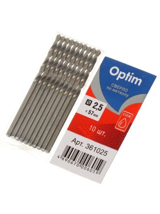 Сверло по металлу, 10 шт, Optim, диаметр 2.5х57 мм, цилиндрический хвостовик, 361025