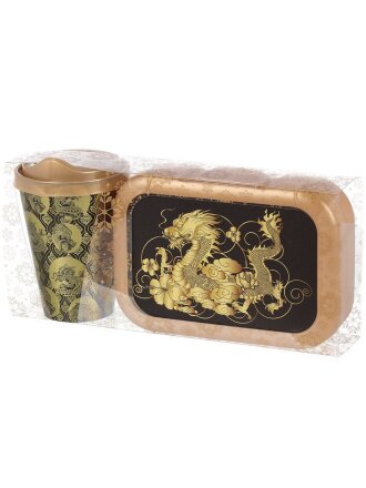 Набор посуды пластик, 0.85 л, 26.7х13х9.5 см, 2 шт, прямоугольный, ланч-бокс, стакан 420мл, с золотой крышкой, с декором, Дракон