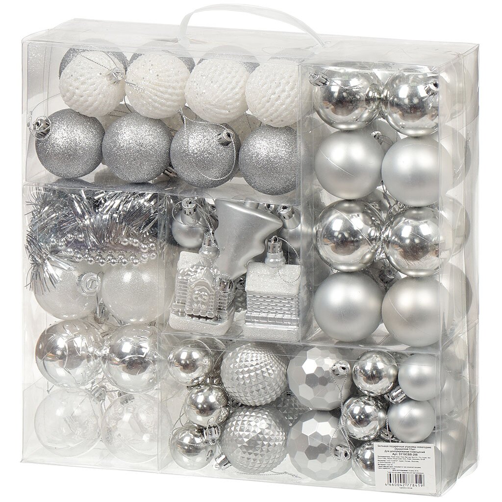 Елочный шар 93 шт, серебро, белый, пластик, SY18CBB-288