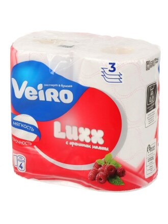 Туалетная бумага Veiro, Luxx, Малина, 3 слоя, 4 шт, 17.5 м, с втулкой