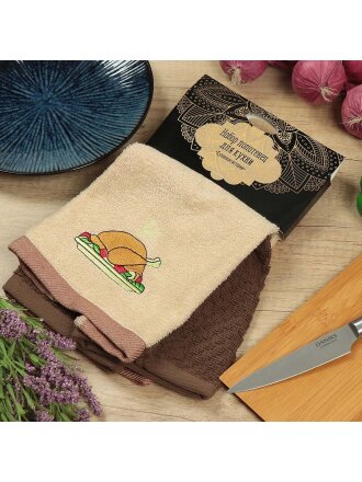 Набор полотенец кухонных 2 шт, 30х50 см, махровый, 100% хлопок, 420 г/м2, Barkas, Кухонные истории Курица, латте, кофейный, Узбекистан