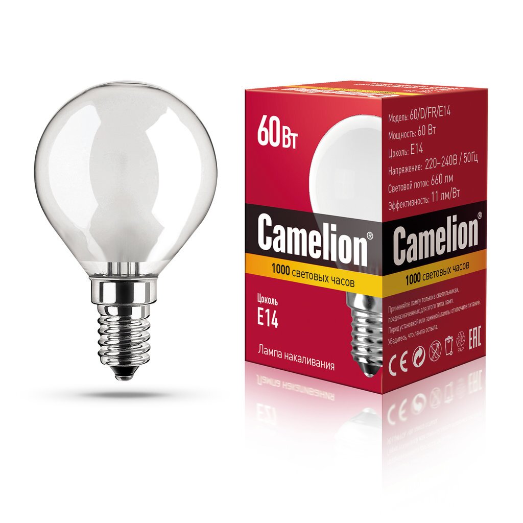 Лампа накаливания с матовой колбой, сфера MIC Camelion 60/D/FR/E14