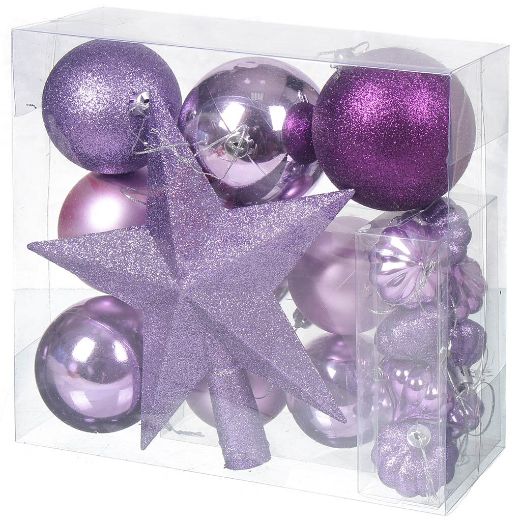 Набор елочных украшений 20 шт, светло-пурпурный, светло-голубой, шары и верхушка, SYCB17-519