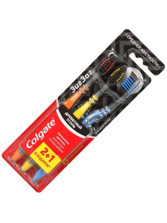 Зубная щетка Colgate, Зигзаг, средней жесткости, 3 шт, Древесный уголь