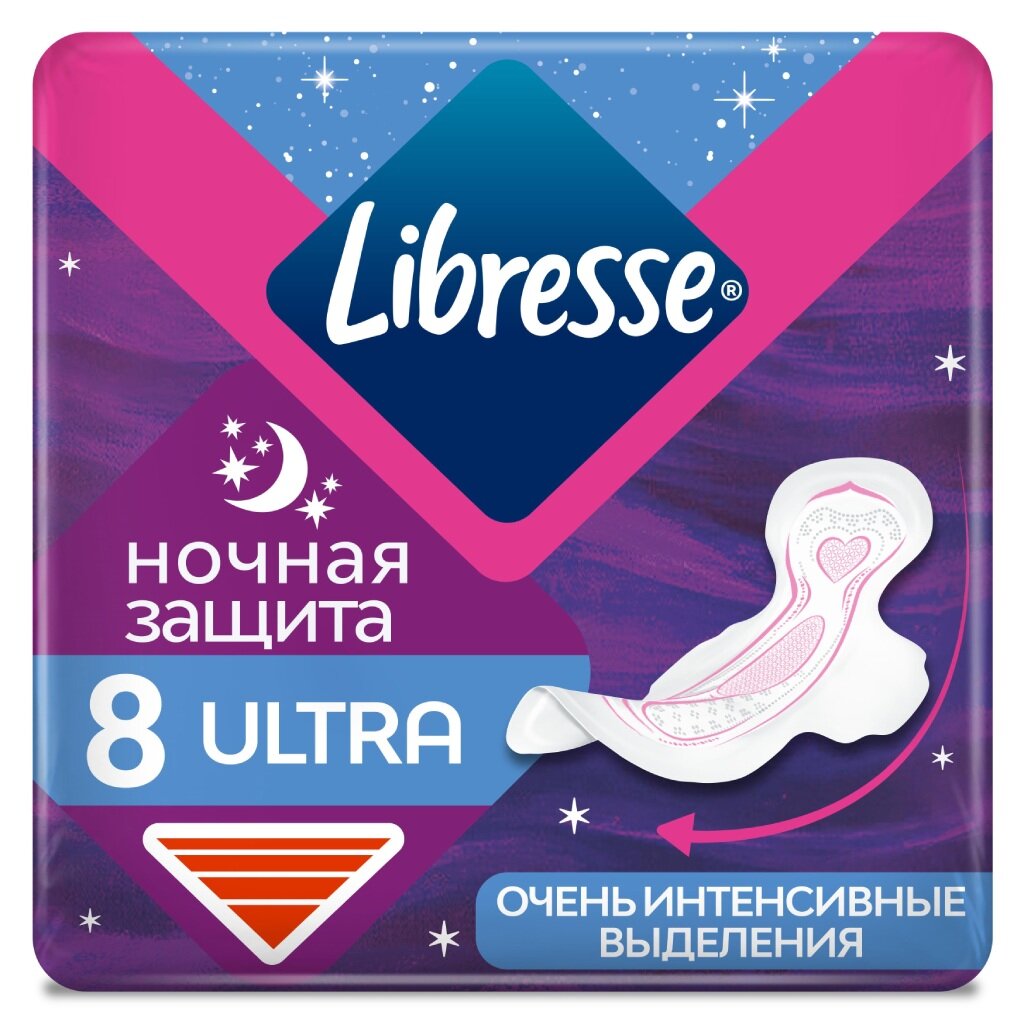 Прокладки женские Libresse, Ultra Goodnight, ночные, 8 шт, 8205 прокладки женские libresse ultra pure sensitive ночные 6 шт 857799