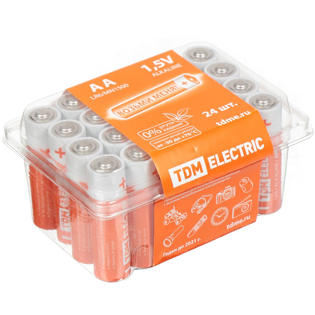 Батарейка TDM Electric, АА (LR06, LR6), Alkaline, алкалиновая, 1.5 В, коробка, 24 шт, SQ1702-0035 батарейка tdm electric аа lr06 lr6 alkaline алкалиновая 1 5 в блистер 4 шт sq1702 0034