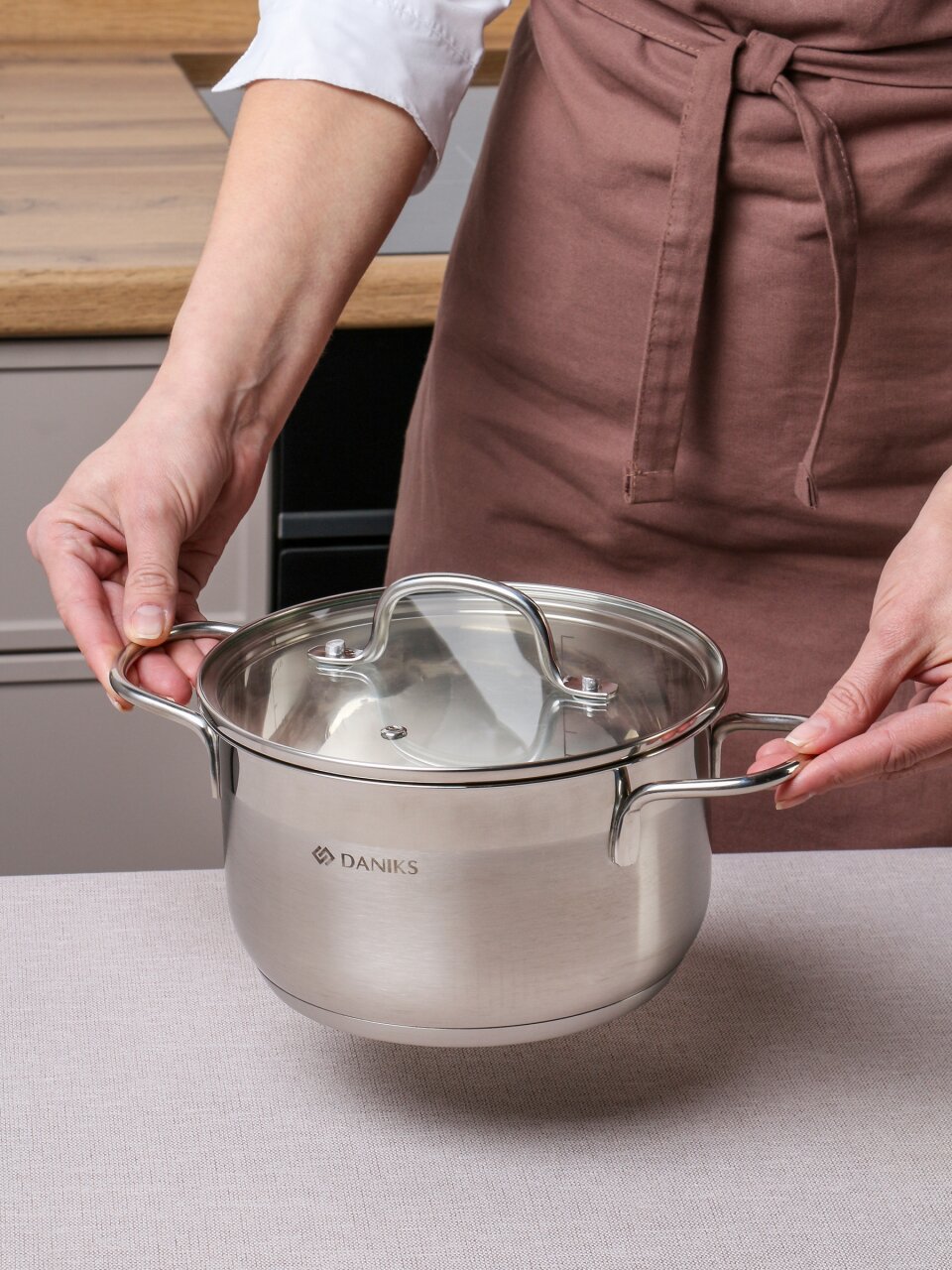 Кастрюля нержавеющая сталь, 2.6 л, крышка стекло, сталь 304, Daniks, Нолан, GS-01363-18CA, индукция