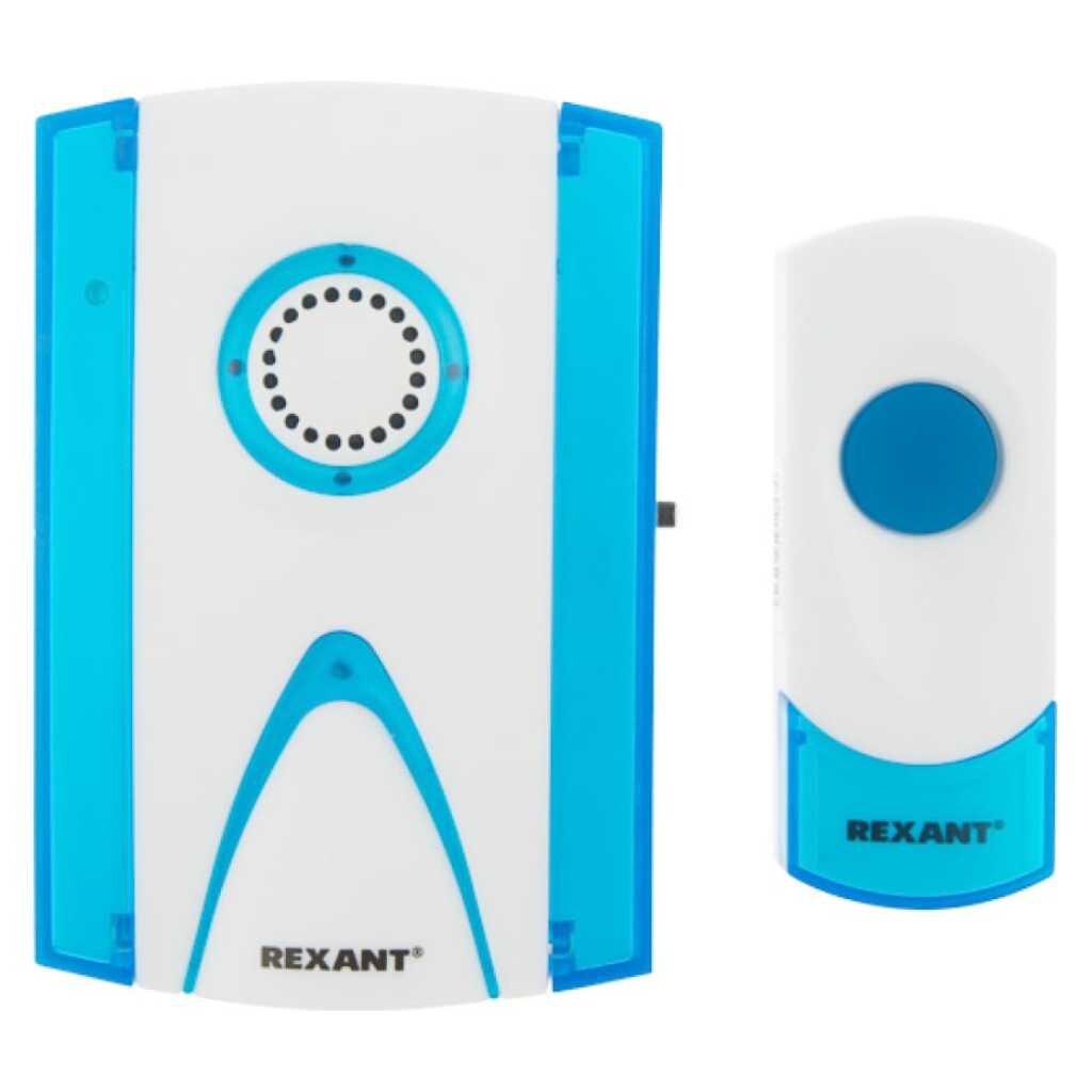 Звонок дверной беспроводной, на батарейках, 32 мелодии, кнопка IP 44, 100 м, кнопка, белый, синий, Rexant, RX-3,73-0030, 73-0030 беспроводной дверной звонок rexant