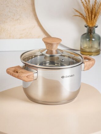 Кастрюля нержавеющая сталь, 1.9 л, крышка стекло, Daniks, Осло, GS-01147-16CA, индукция