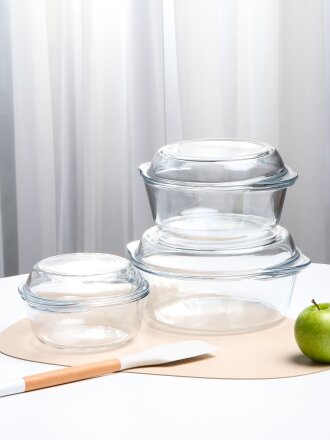 Набор форм для запекания жаропрочное стекло, 3 шт, 16х19х10, 19х22х10.5, 22х26х11.5 см, 0.84, 1.45, 2.1 л, круглый, с крышкой, Borcam, 159021