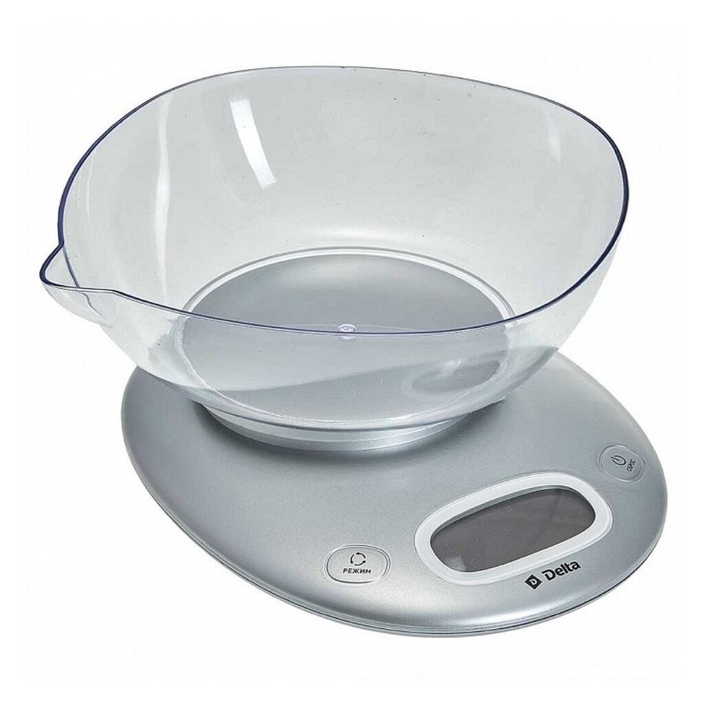 Весы кухонные электронные, пластик, Delta, чаша, точность 1 г, до 5 кг, LCD-дисплей, серебро, KCE-34 весы кухонные delta kce 28 orange