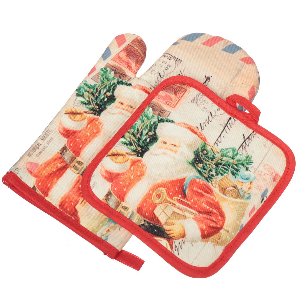Набор кухонный 2 шт, 17х26см+17х17см(варежка,прихватка), 100% полиэстер, Санта-Клаус с подарками, T2020-23