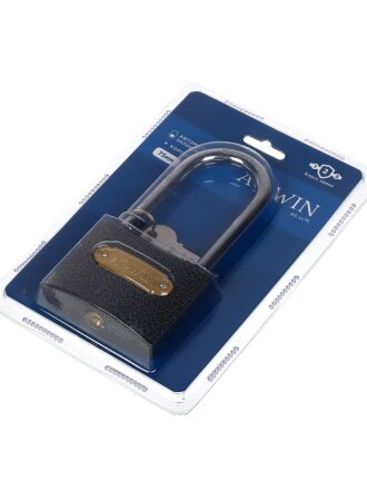 Замок навесной Aqwin, LL75, блистер, навесной, цилиндровый, серый, 75 мм, с удлиненной дужкой, 3 ключа