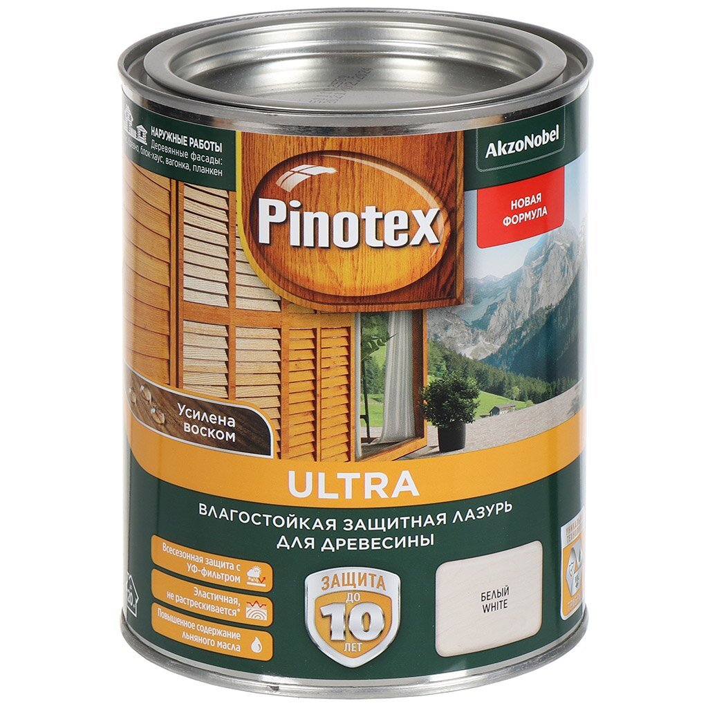 Пропитка Pinotex, Ultra, для дерева, защитно-влагостойкая, белая, 1 л