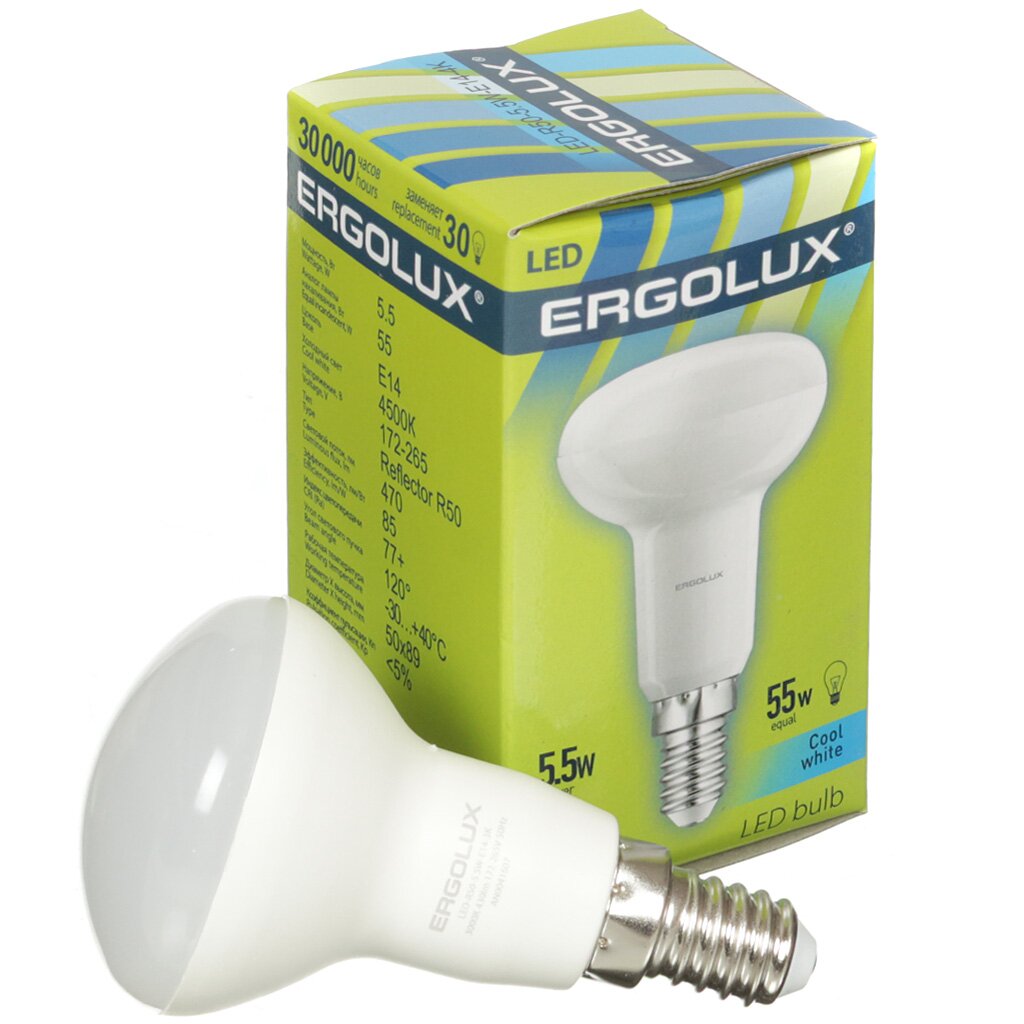 Лампа светодиодная E14, 5.5 Вт, 55 Вт, рефлектор, 4500 К, свет холодный белый, Ergolux, R 50, зеркальная