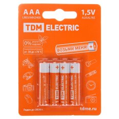 Батарейка TDM Electric, ААА (LR03, R3), Alkaline, алкалиновая, 1.5 В, блистер, 4 шт, SQ1702-0006