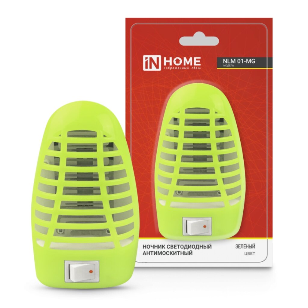 Ночник In Home, NLM 01-MG, в розетку, пластик, 230 В, москитный, светодиодный, с выключателем, зеленый
