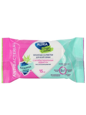 Салфетки влажные Aura, Тропический коктейль, антибактериальные, 15 шт