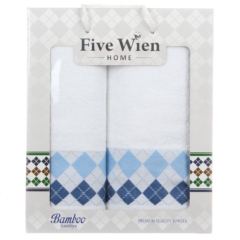 т Набор полотенец 2пр 50*90, 70*140см Бамбук Оксфорд белый ромбики по бордюру + под. уп.