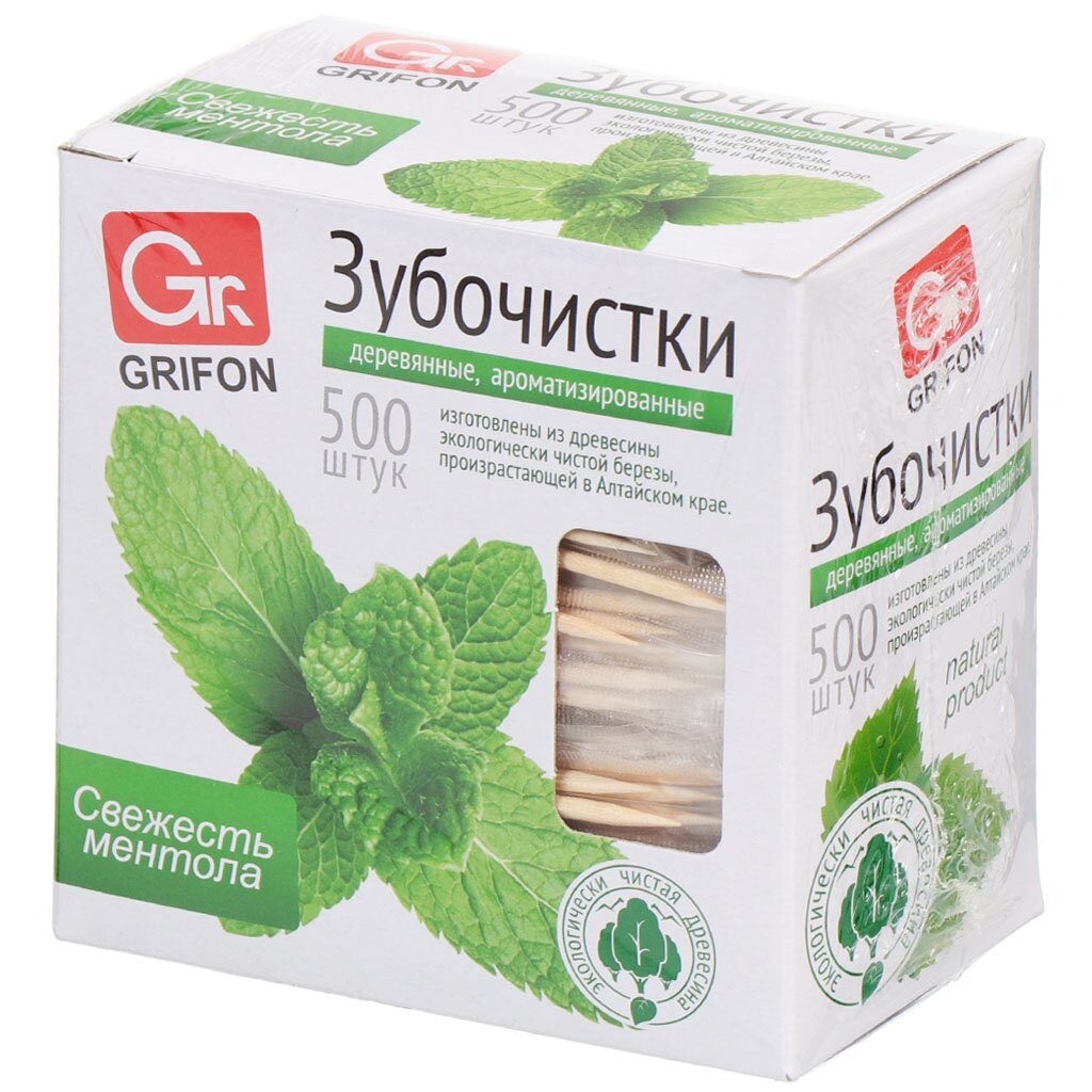 Зубочистки 500 шт, дерево, с ментолом, Grifon, 400-513