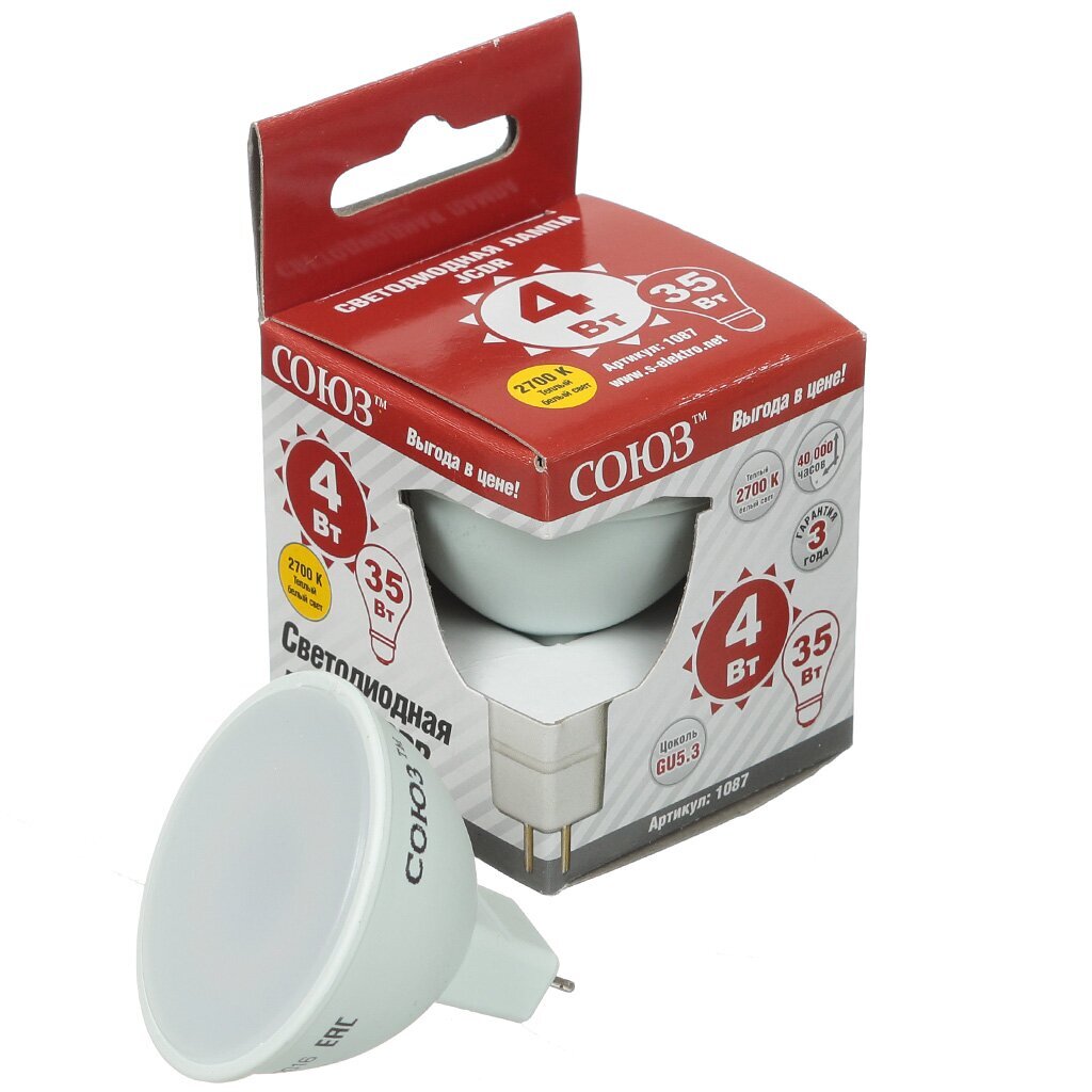 Лампа светодиодная GU5.3, 4 Вт, 35 Вт, рефлектор, 3000 К, теплый белый свет, Союз, SLED-SMD2835-JCDR, 1087