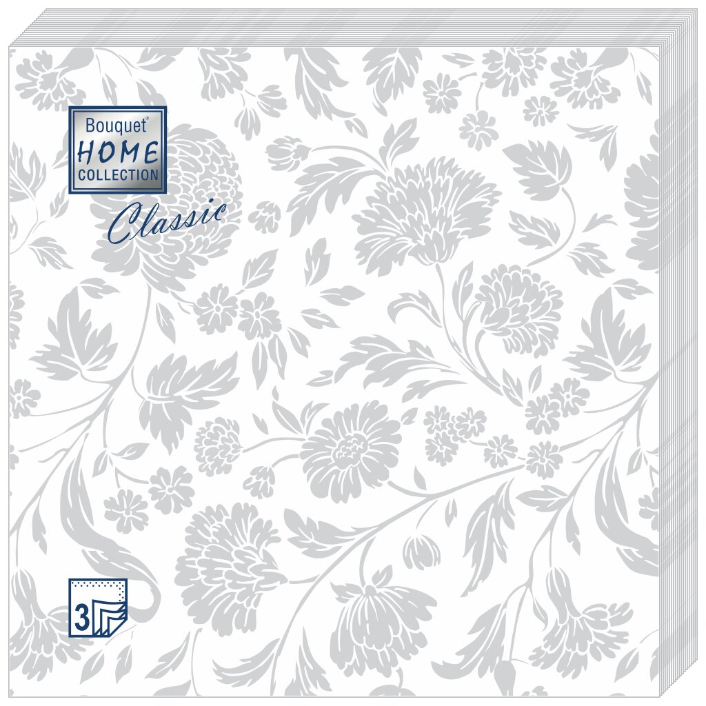 Салфетки бумажные Home Collection Classic, Серебро на белом, 200 шт, 3 слоя, 33х33 см, 37694
