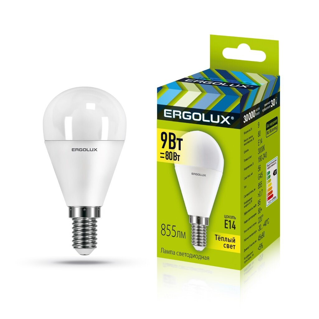 Лампа светодиодная E14, 9 Вт, 80 Вт, 220 В, шар, 3000 К, свет теплый белый, Ergolux светильник ergolux