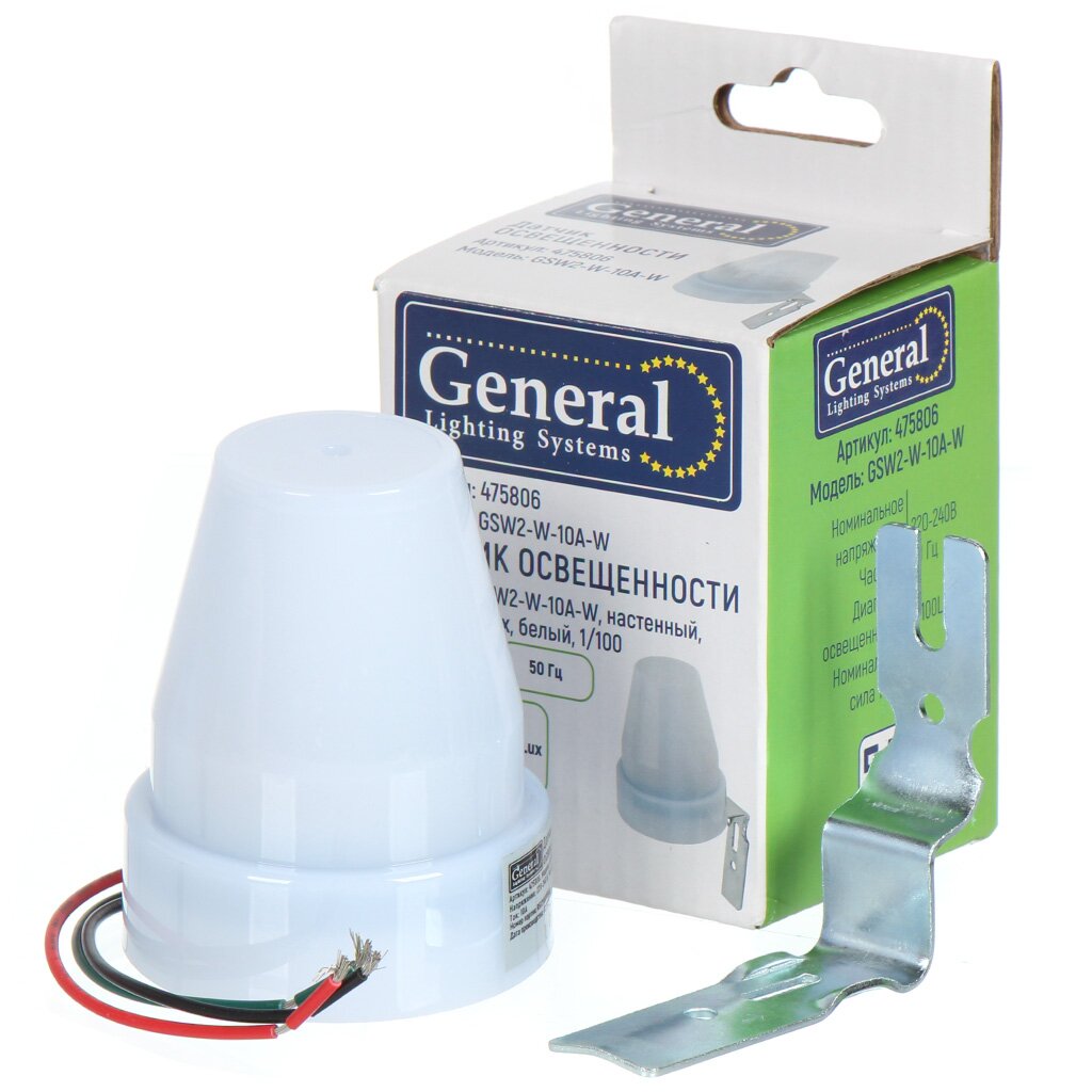 Датчик освещенности настенный 5-100 лк 10 А белый General Lighting Systems GSW2-W-10A-W 475 806 353₽