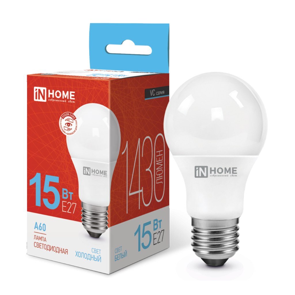 Лампа светодиодная E27, 15 Вт, 120 Вт, 230 В, груша, 6500 К, свет холодный белый, In Home, LED-A60-VC