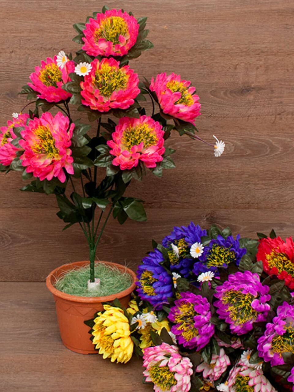 Цветок искусственный декоративный пасхальный, Георгин с ромашкой, 7 головок, 60 см, в ассортименте, FB106