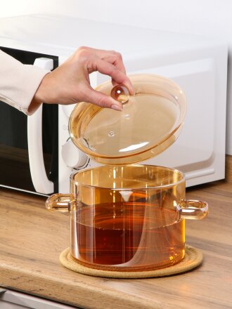 Кастрюля стекло, 1.9 л, крышка стекло, для СВЧ, духовок и электрических плит, B150078, мед