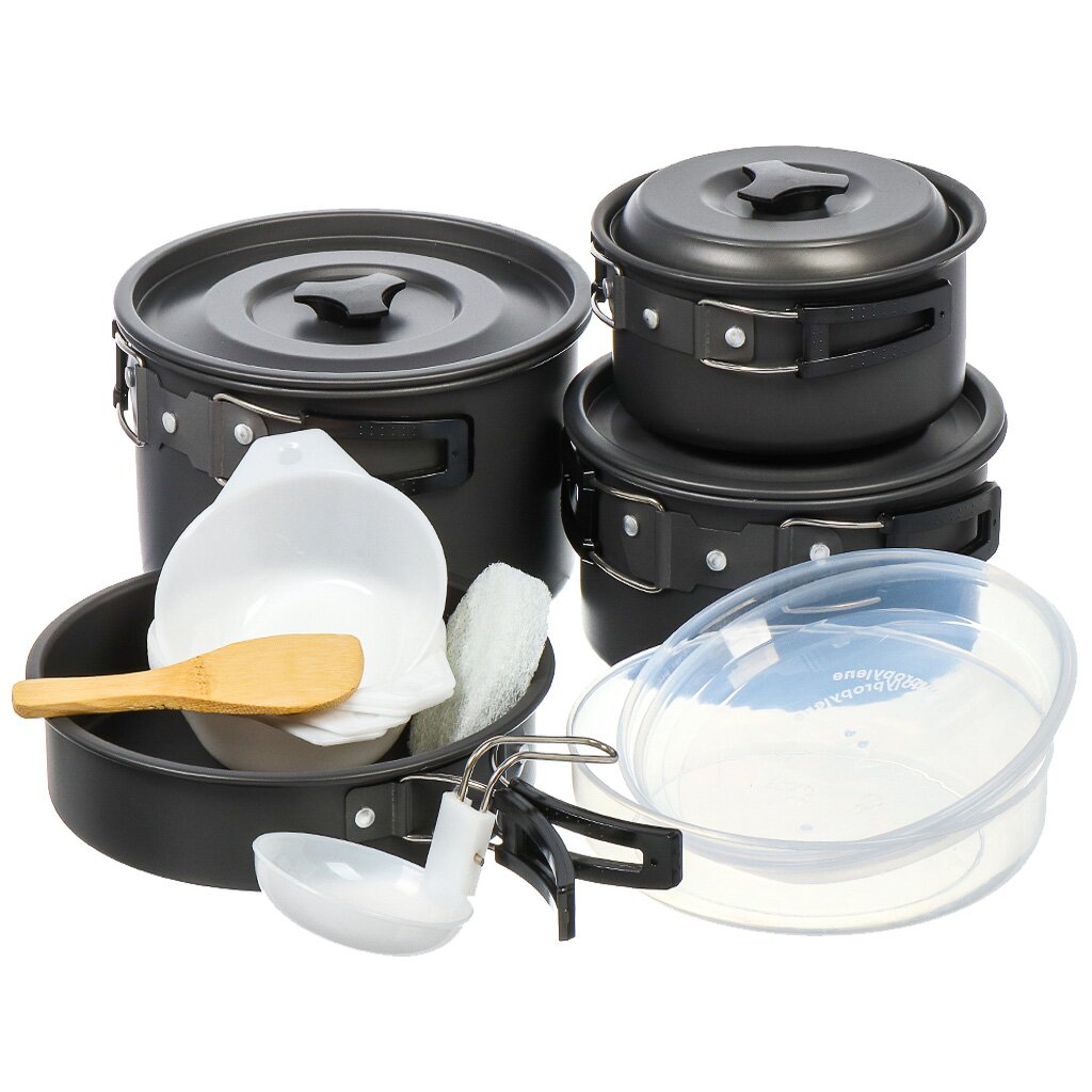 Набор посуды походный, алюминий, 15 предметов, кастрюля сковорода, ложка, губка, тарелка, миска, T2022-917 лёгкий пластилин crazy clay набор tropic mini кокос