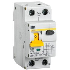Автоматический выключатель на DIN-рейку, IEK, АВДТ 32 C16, 2 полюса, 16, 6 кА, 230 В, 30 мА, MAD22-5-016-C-30