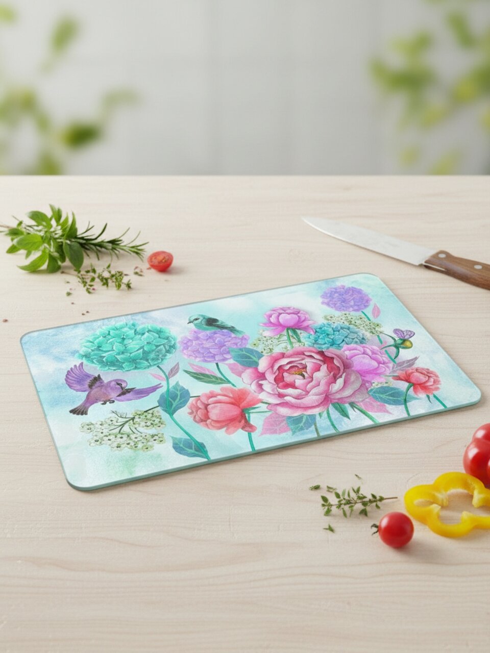 Доска разделочная стекло, 28х18 см, прямоугольная, Мультидом, Пионы и птички, VL48-75
