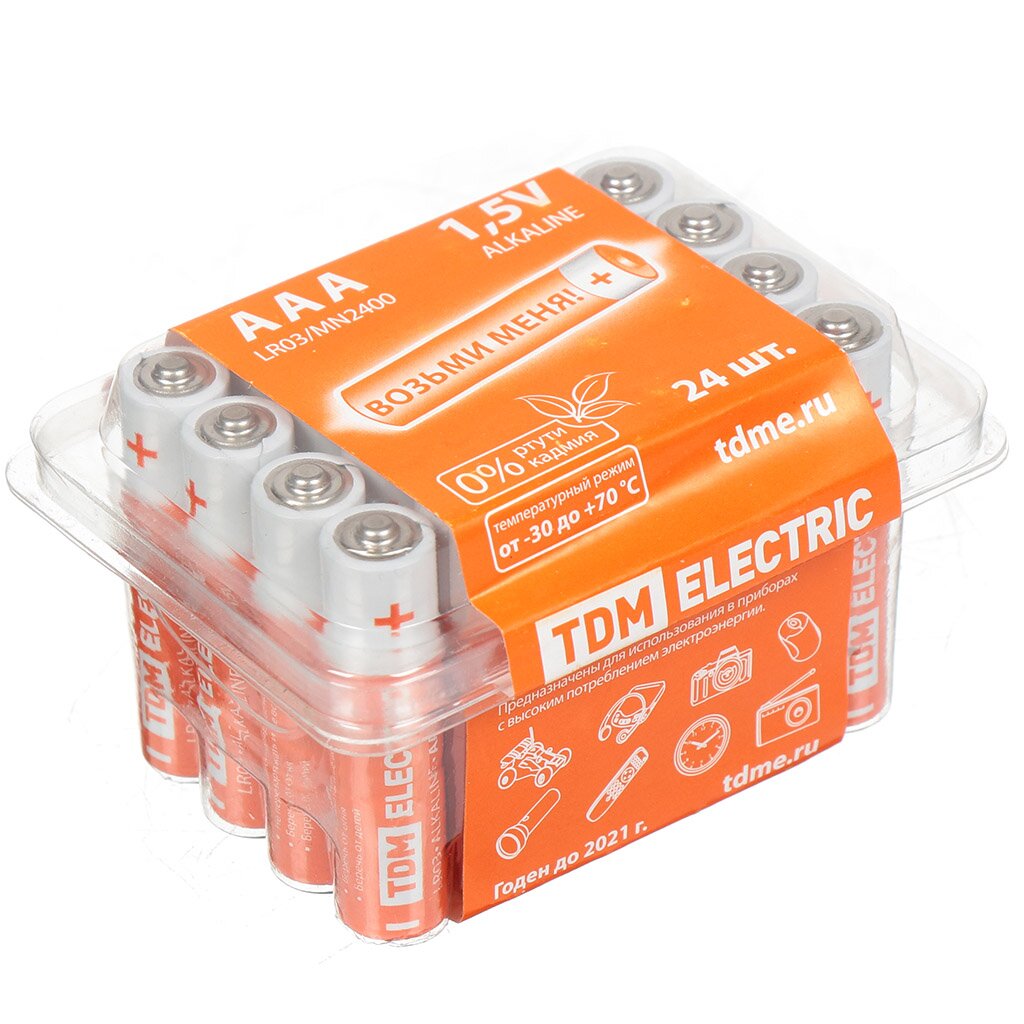 Батарейка TDM Electric, ААА (LR03, 24A), Alkaline, щелочная, 1.5 В, коробка, 24 шт, SQ1702-0033 штекер антенный разъем f rg6 без пайки биметалл tdm electric sq1809 0021