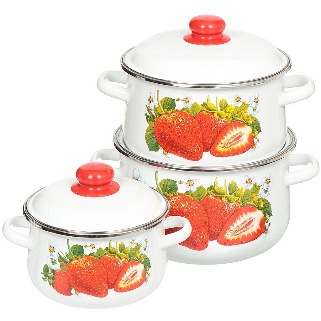 Набор посуды эмалированная сталь, 6 предметов, конические кастрюли 2,4,5.5 л, индукция, СтальЭмаль, Клубника садовая, 1с408