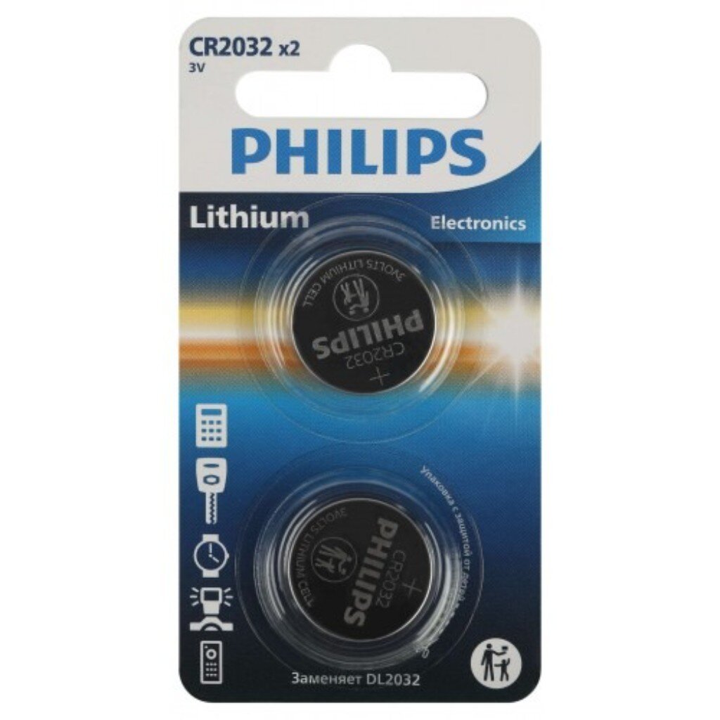 Батарейка Philips, CR2032, литиевая, 3 В, блистер, 2 шт, Б0062716 выпрямитель волоc philips bhs378 00