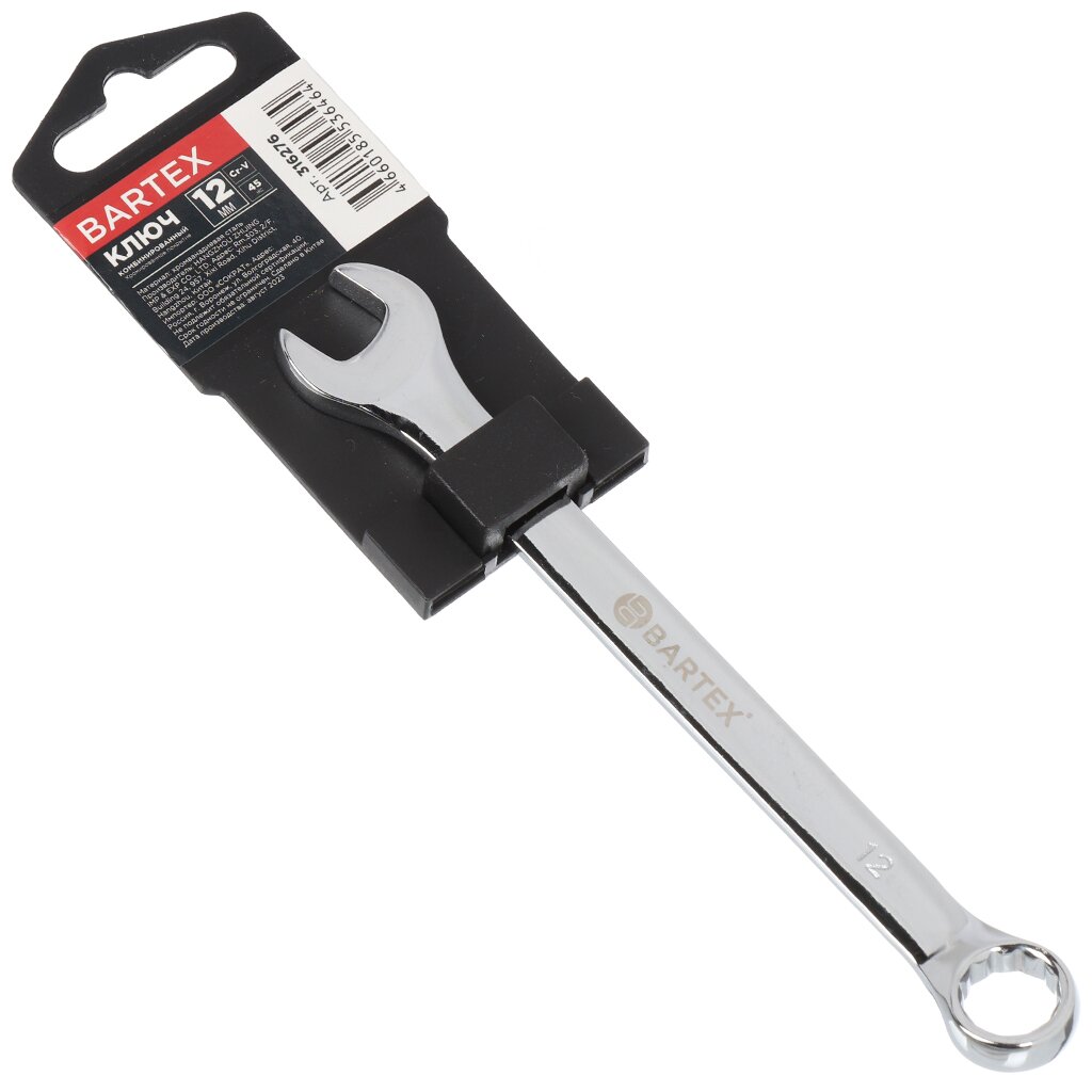 Ключ комбинированный, Bartex, 12 мм, хромированный зеркальный, CrV сталь ключ комбинированный 11 мм хромированный sparta