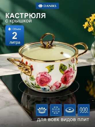 Кастрюля эмалированная сталь, 2 л, крышка стекло, Daniks, Pions, индукция