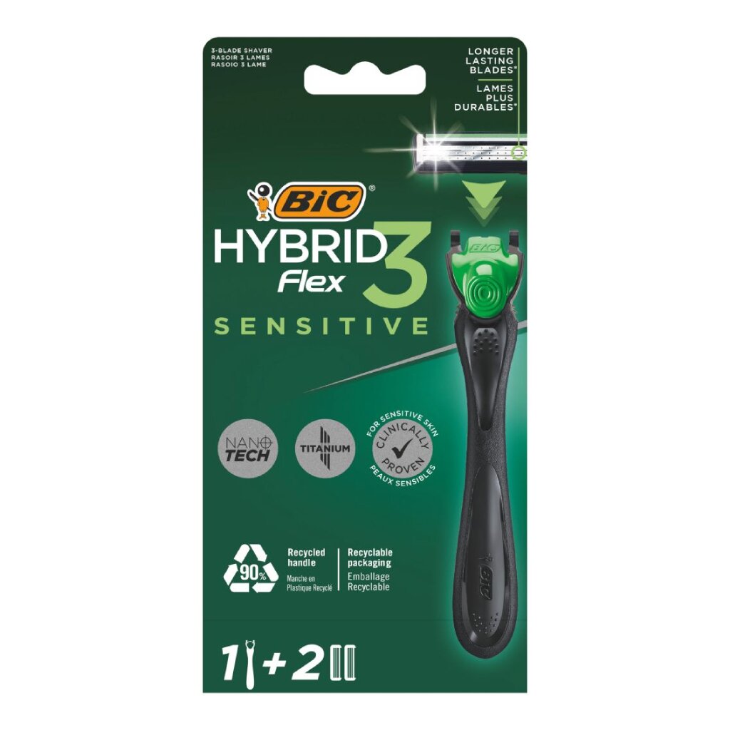 Станок для бритья Bic Flex3 Hybrid Sensitive 3 лезвия 2 сменные кассеты 503720 399₽